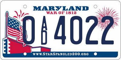 MD license plate 0AD4022