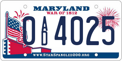 MD license plate 0AD4025