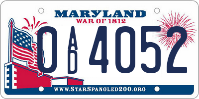 MD license plate 0AD4052
