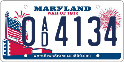 MD license plate 0AD4134