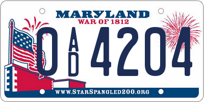 MD license plate 0AD4204