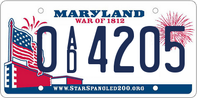 MD license plate 0AD4205