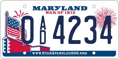 MD license plate 0AD4234