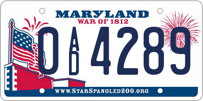 MD license plate 0AD4289