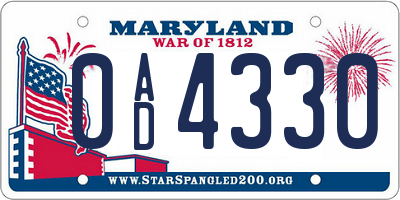 MD license plate 0AD4330