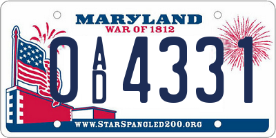 MD license plate 0AD4331