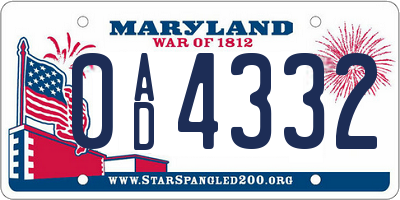 MD license plate 0AD4332