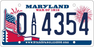 MD license plate 0AD4354