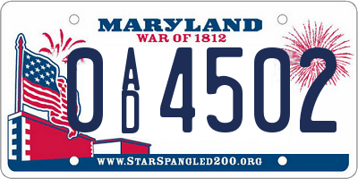 MD license plate 0AD4502