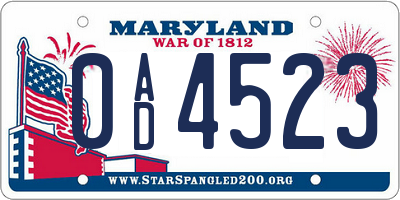 MD license plate 0AD4523