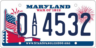 MD license plate 0AD4532