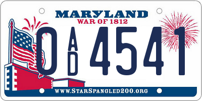 MD license plate 0AD4541