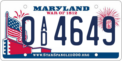 MD license plate 0AD4649