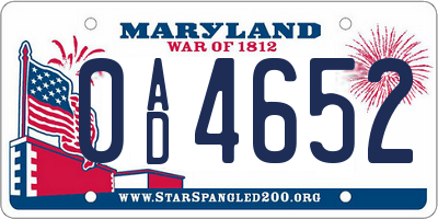 MD license plate 0AD4652