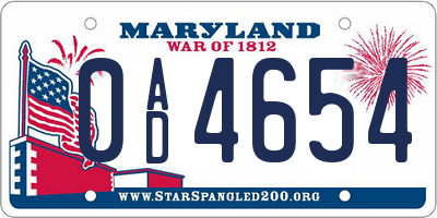 MD license plate 0AD4654