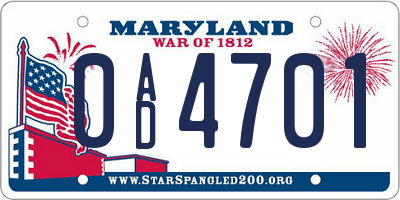 MD license plate 0AD4701