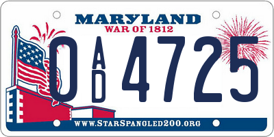 MD license plate 0AD4725