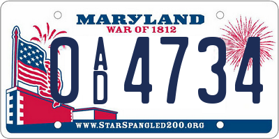 MD license plate 0AD4734