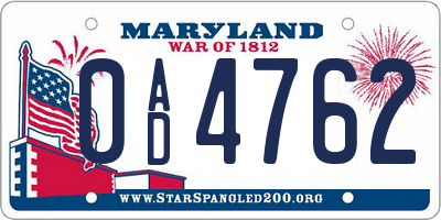 MD license plate 0AD4762