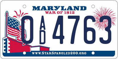 MD license plate 0AD4763