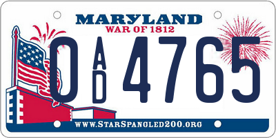 MD license plate 0AD4765