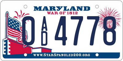 MD license plate 0AD4778