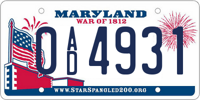 MD license plate 0AD4931