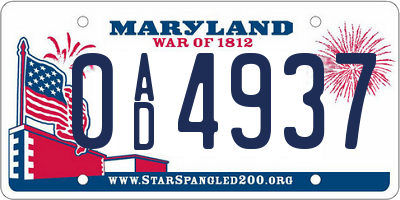 MD license plate 0AD4937