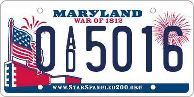 MD license plate 0AD5016