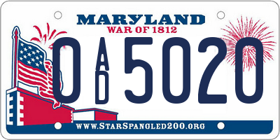 MD license plate 0AD5020