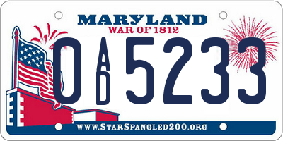 MD license plate 0AD5233