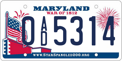 MD license plate 0AD5314