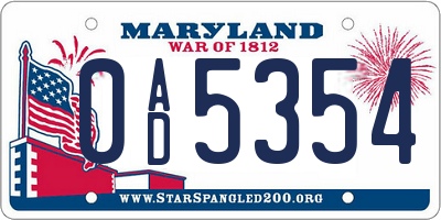 MD license plate 0AD5354