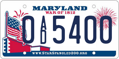 MD license plate 0AD5400