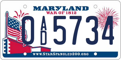 MD license plate 0AD5734