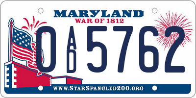 MD license plate 0AD5762
