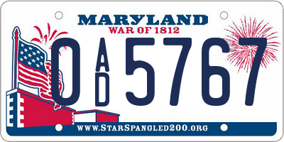 MD license plate 0AD5767