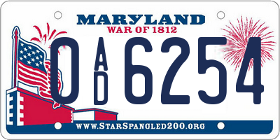 MD license plate 0AD6254