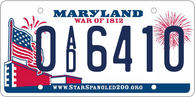 MD license plate 0AD6410