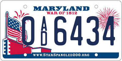 MD license plate 0AD6434