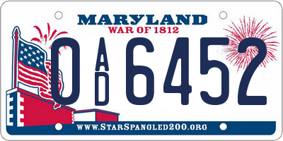 MD license plate 0AD6452