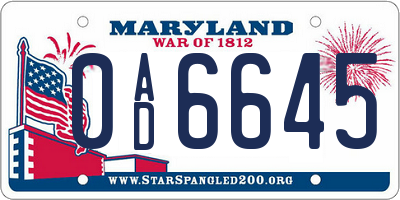 MD license plate 0AD6645