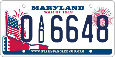 MD license plate 0AD6648