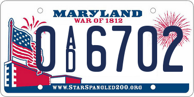 MD license plate 0AD6702