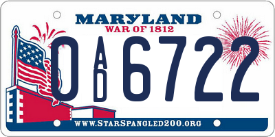 MD license plate 0AD6722