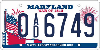 MD license plate 0AD6749