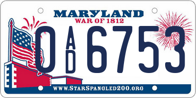 MD license plate 0AD6753