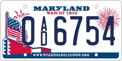 MD license plate 0AD6754