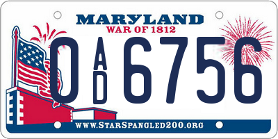 MD license plate 0AD6756