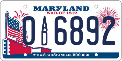 MD license plate 0AD6892